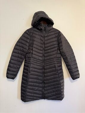Lands End Down Long Puffer Jacket Womens Medium (8-10) Black Hooded Winter Coat